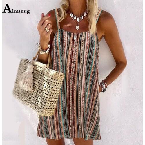 Aimsnug Women Elegant Knee-Length Dress Vintage Stripe Print Summer Beach Dress 2021 Ladies Bohemian Loose Strappy Dresses Femme