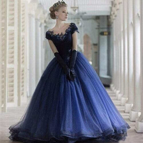 Custom Made Scoop Neck Tulle Applique Beads Formal Evening Gown Short Sleeve Dark Blue Evening Dresses Long vestidos de fiesta