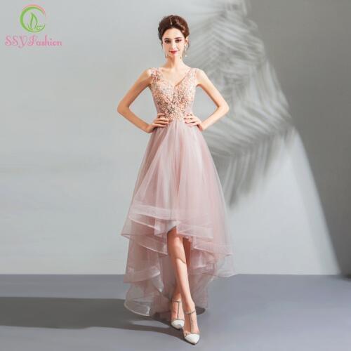 SSYFashion New Sweet Lace Evening Dress V-neck Sleeveless Pink Appliques Short Front Long Back Party Gown Formal Dresses