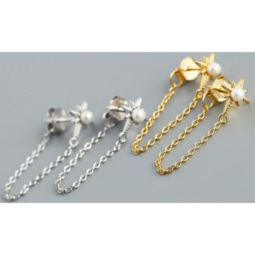 1Pair Piercing 925 Sterling Silver Chain Dangle Earrings for Women 2021 Fashion Jewelry Flashing Star Shell Chain Long Earrings