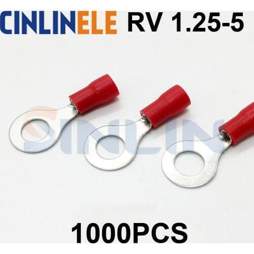 1000pcs Crimp Terminal RV1.25-5 22-16AWG 0.25-1.65mm^2 Crimp terminals Red Ring Terminal Brass RV1-5