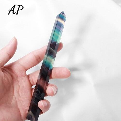 15-16cm Natural Rainbow Fluorite Single Slender Column Striped Fluorite Point Magic Wand Hexagonal Healing Crystal Stone