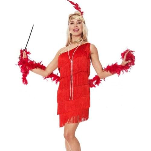 1920s Flapper Charleston Fancy Dress Costume Red One Shoulder Fringe Gatsby Dress Sexy High Low Mini Bodycon Party Dress