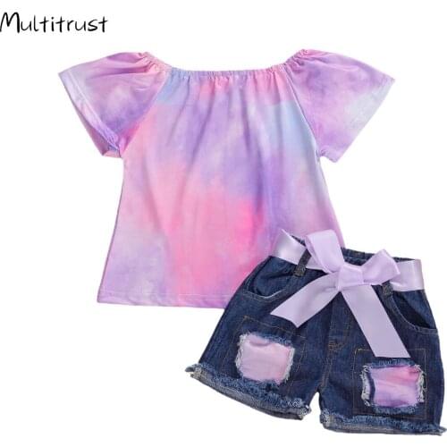 2020 Baby Summer Clothing Infant Kids Baby Girl Tie dye Clothes set Colorful Shirt Tops Ripped Hole Denim Bottoms