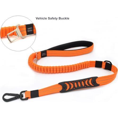 Bungee Dog Lead Anti Shock Pet Leash Reflective with Car Seat Belt Safety Buckle and Traffic Control Handle