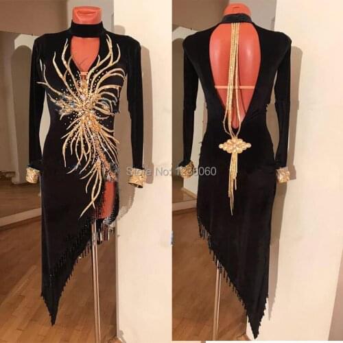 Black velvet Latin Dance Dress Women Tassel sexy backless Dance Wear Long sleeve Salsa Tango ballroom dance dress