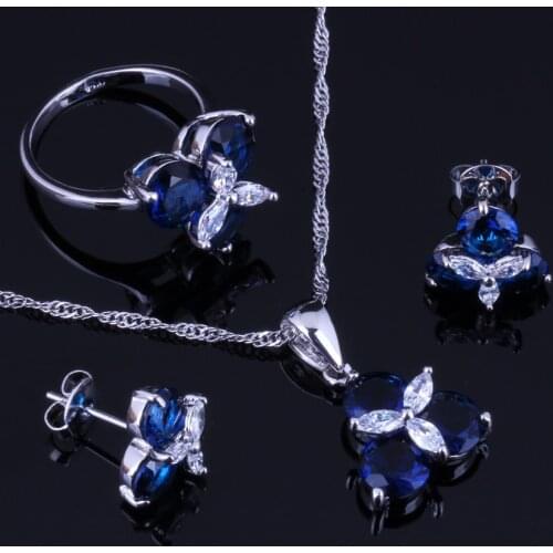 Elegant Blue Cubic Zirconia White CZ Silver Plated Jewelry Sets Earrings Pendant Chain Ring Size 6 7 8 9 10 V0002