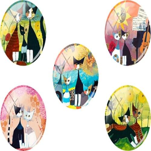 JWEIJIAO Colorful Cat Family Art Picture Oval Shaped Handmade Glass Cabochon Dome DIY Animal Lover Fashion Jewelry Pendant HT291