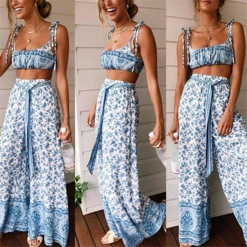 Sexy Women Two Piece Set Boho Style Floral Crop Top Wide Leg Pants Loose 2 Piece Sets Womens Outfits Party Clothes Club Outfits