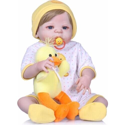 22" Baby Doll with Yellow Duck Doll Full Body Silicone Vinyl Adorable Lifelike Toddler Baby Bonecas Girl Kid Bebe Reborn