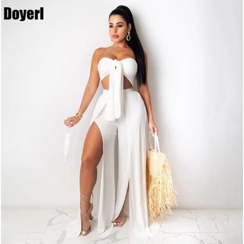 Summer Sexy 2 Piece Sets Womens Outfits Club Party Festival Clothing Tie Up Crop Top and Split Pant Suits Set Wholesale Items