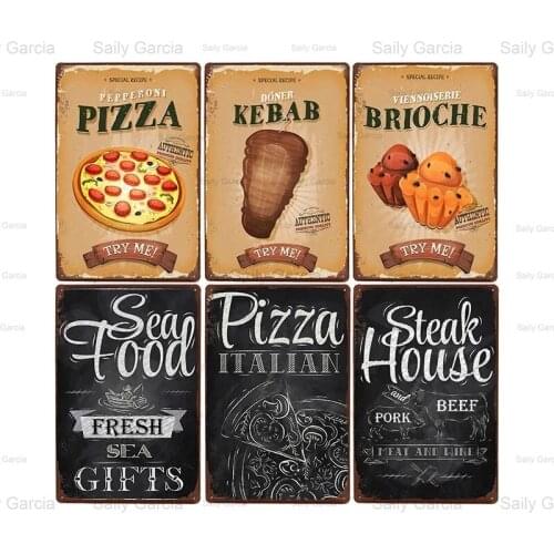 Fast Food Tin Signs Metal Pizza Burger Plaque Poster Delicious Food Iron Painting for Restaurant Shop Wall Art Sticker Decor