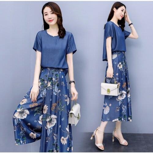 Fashion Womens Summer Suits Tencel Printing Cowboy Pants Sets Casual Tops & Wide-leg Jeans 2 Pcs Sets skirt Pants Clothing K96