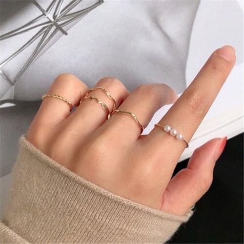 5 Pcs Fashion Rings Set for Women Jewelry Gold Round Pearl Simplicity Minimalist Style Personality Geometric Ring Wedding Party