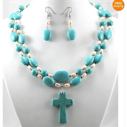 New Arriver Pearl Jewellery Set,2rows Blue Turquoises Natural White Freshwater Pearls Cross Pendant Necklace Earrings