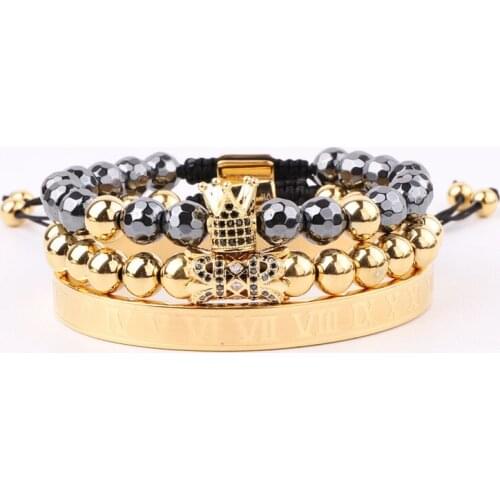 New Design High Quality Hematite Beads 316L Stainless Steel Roman Bangle CZ Pave Crown Charms Bracelet Set Men Jewelry Gift