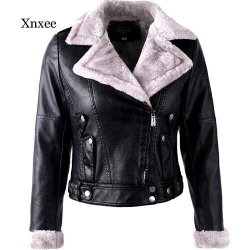 Herfst Winter Lederen Jas Vrouwen Faux Fur Jas Dames Slanke Korte Motorfiets Biker Jacket Basic Warm Pluche Bovenkle