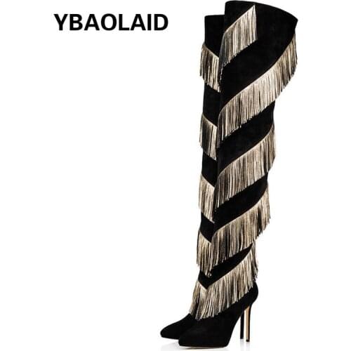 Autumn and Winter New Style Black Suede Gold PU Tassel Over The Knee Stiletto High Heel Fashion Boots Pointed Side Zipper Boots