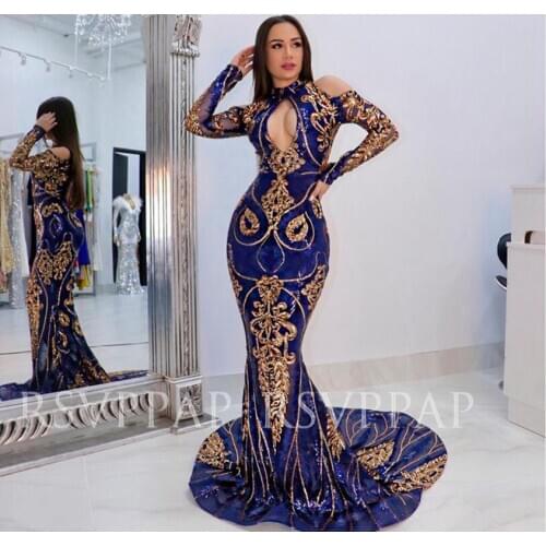 African Girl Long Sleeve Prom Dresses 2020 Sexy Cut Out-Front Gold Appliques Glitter Sequin Royal Blue Mermaid Prom Gowns