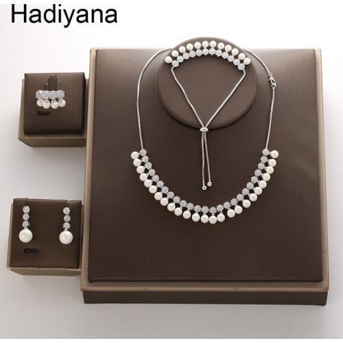 Hadiyana Luxury Bridal Wedding Cubic Zirconia Copper Jewelry Set Shiny Round Pearl Necklace Earrings Bracelet Ring Sets TZ8091