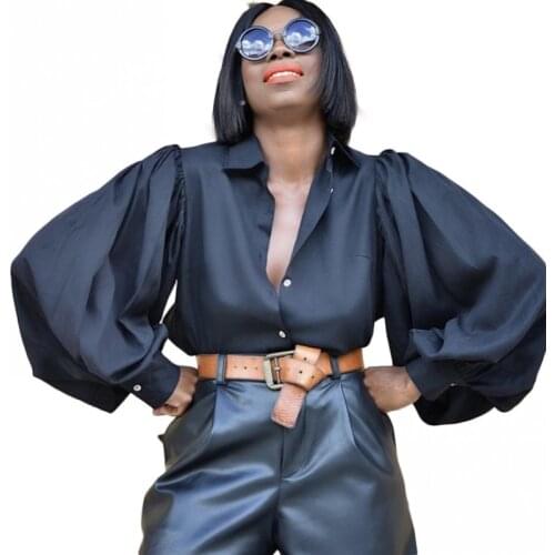 African Shirts Clothes Women Fashion Lantern Sleeve Turn Down Collar Sexy Backless Top 2021 New Loose African Office Lady Blouse