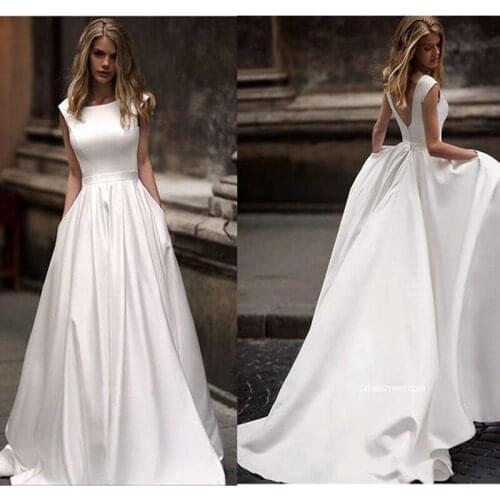 Wedding Dresses With Pocket 2019 Vestido de novia Satin White Sleeveless Bridal Gowns Floor Length Wedding Gown