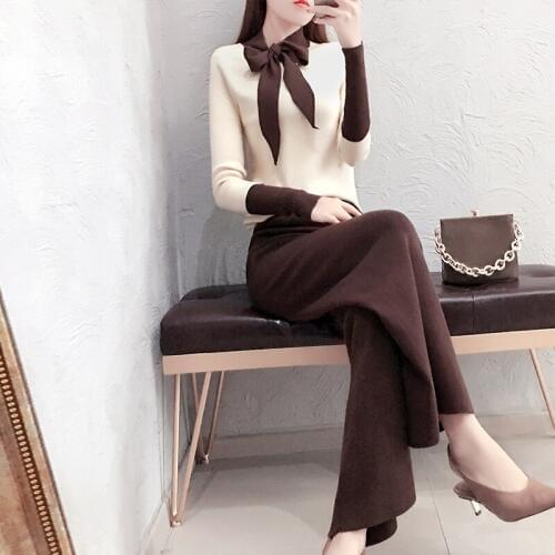 Spring Set Autumn new Korean temperament wildcolor matching knit sweaterslim slimming knit sweater wide leg pants 2 sets of Ms