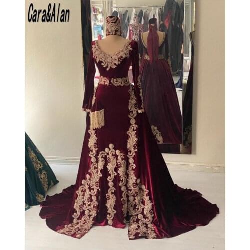 Traditional Caftan Marocain Burgundy Evening Dresses Velvet Lace Applqiue Beads Mermaid Prom Gowns robe de soirée de mariage