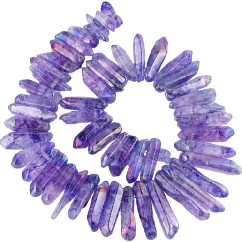 TUMBEELLUWA Purple Titanium Coated Natural Crystal Quartz Points Polished Drilled Sticks Spikes for Jewelry Making 16inch Strand