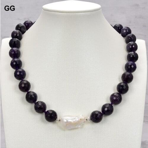 GuaiGuai Jewelry 14mm Natural Faceted Round Natural Amethysts Gems Stone White Keshi Baroque Pearl Pendant Necklace For Women