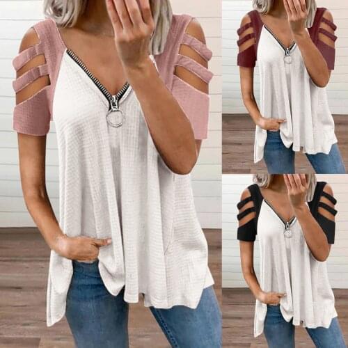 Women V-Neck Zipper Plus Size Tops Womens Sexy V-neck Collar Zipper Color Short Sleeve Fold Casual Blouse Tops blusas y camisas