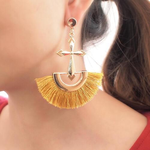 MANILAI Big Cross Tassels Earrings Women Bohemian Long Dangle Earrings Fan Handmade Fringe Earrings Statement Ethnic Jewelry