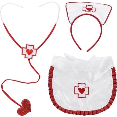 Women Sexy Cosplay Costume Set Halloween Party Dress Up Hat Headband Stethoscope Apron Outfit Naughty Role Play Uniform Clubwear