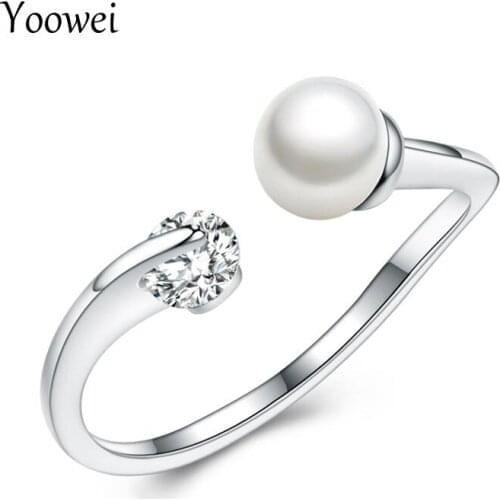 Yoowei Pearl Opening Rings for Women Wholesale Special Offer Genuine S925 Silver Party Adjustable Rotating CZ Ring with Ring Box
