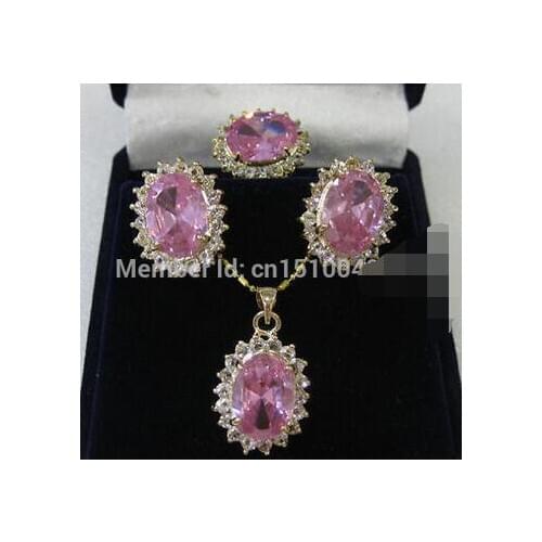 Free Shipping >Jewelry pink crystal pendant necklace ring earring sets +free Chain