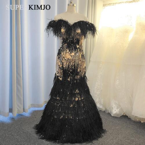 SuperKimJo Feather Evening Dresses 2020 Mermaid Black Gradient Sequin Elegant Evening Gown for Women Vestidos De Festa Longo