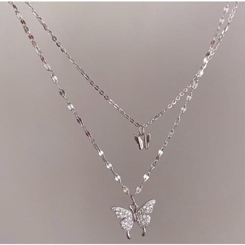 Shiny CZ Butterfly Necklace for Women Dainty Double Layer Clavicle Chain Necklaces Wedding Birthday Jewelry Gift Temperament