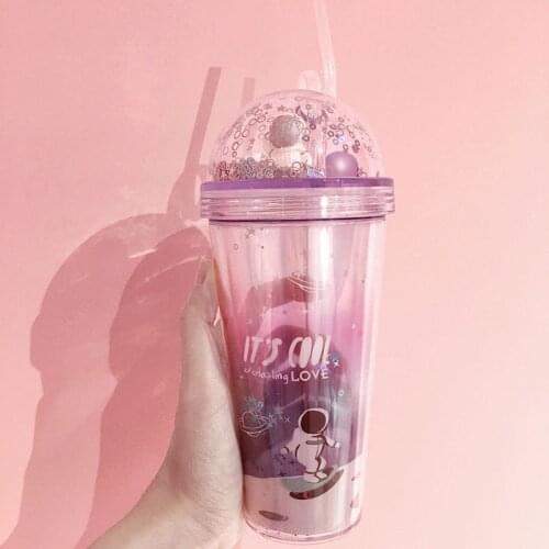 Water Bottle Coffee Mug Double Layer Plastic Water Straw Cup Space Astronaut Personalized Gradient Portable Water Cup
