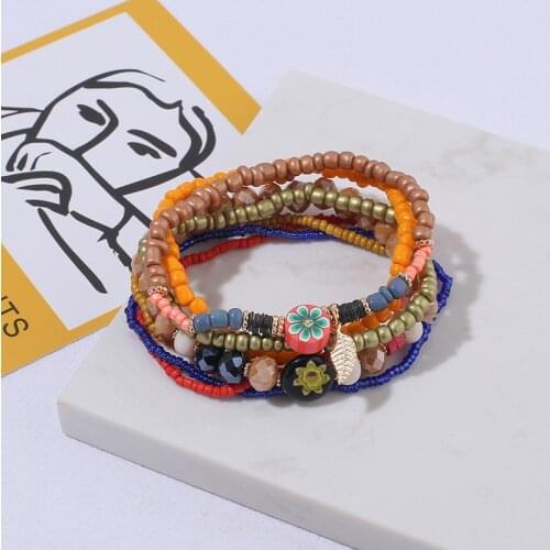 HANJING Ethnic Bohemian Flower Pattern Beads Bracelet & Bangle For Women Multilayer Charm Bracelet Set Female Jewelry Gifts