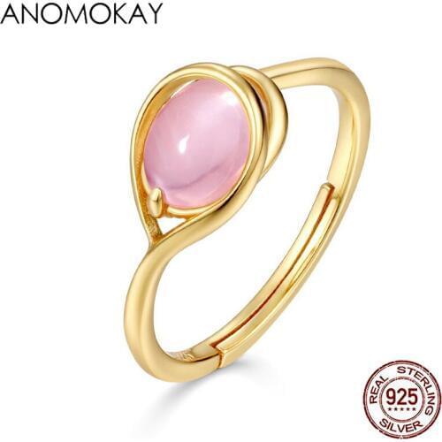 Anomokay Natrue Pink Oval Crystal Water Drops Gold Color Ring for Women Lovers Gift 925 Sterling Silver Free Size Ring for Party