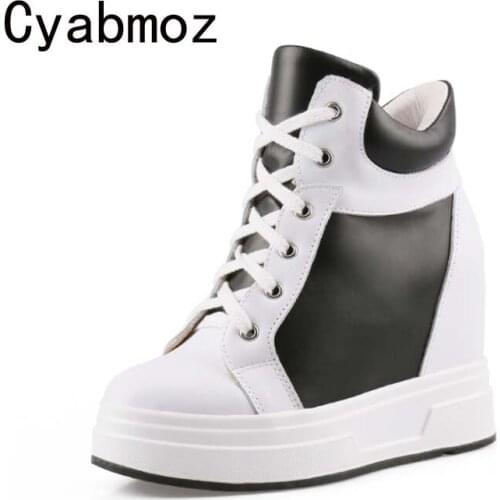 Genuine leather Women Sneakers 10CM Height Increasing Shoes Casual Wedges comfortable women Black White Footwear pumps