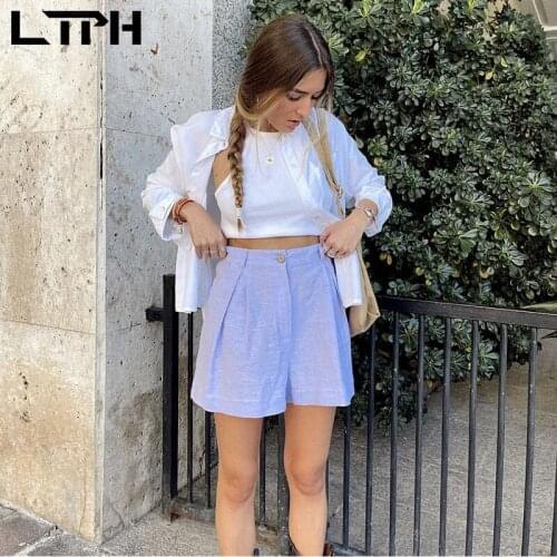 LTPH resort style women shorts straight loose high waist Folds Cotton and linen thin bottoms casual short pant 2021 summer new