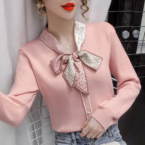Kawaii women pink sweaters bow tie collar knitted pullovers cute tops sueter mujer