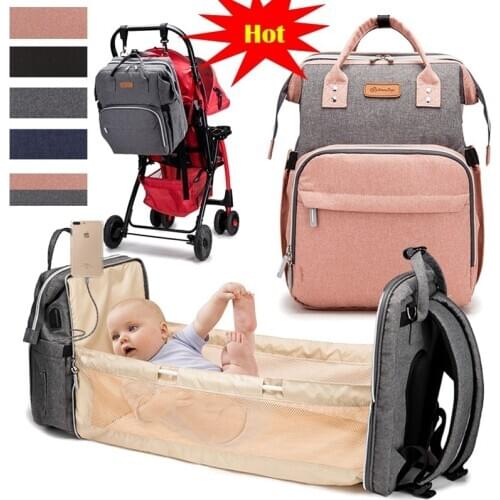 Multifunctional Diaper Bag Backpack Travel Portable Large Capacity Double Shoulder Mommy Folding Crib Bag Waterproof Fashion Bag