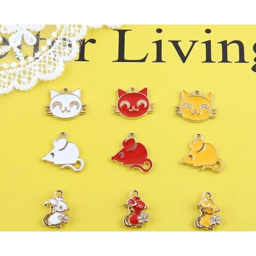 Newest Enamel Alloy Charms Kawaii Cute Animal Cat Mouse Shape Gold Tone Oil Drop Metal Bracelet Earring Floating Pendant 50pcs