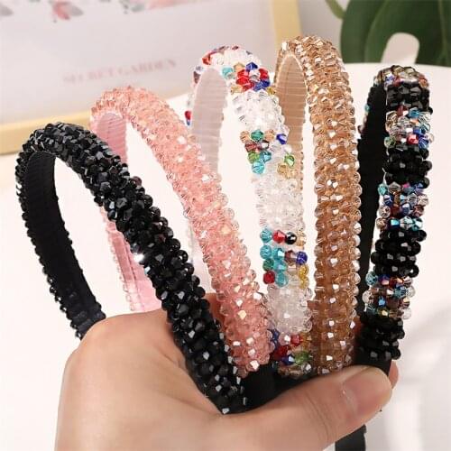 Retro Beaded Hairband Shiny Rhinestone Women Headband Girls Hair Accessories Wide Simple Crystal Hair Hoop Head Band Headwear