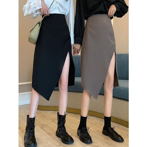 Spring 2021 new irregular hip skirt black slit skirt female mid-length high-waist A-line skirt