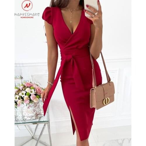 Sexy Women Solid Color Pencil Dress Patchwork Design Bandage Decor High Split V-Neck Short Sleeve Mid Waist Slim Hips Dress