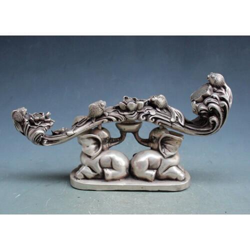Elaborate Ancient Chinese Classical White Copper Fengshui Auspicious Statue - Elephants and Golden Fish Ruyi