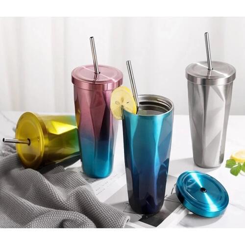 500ml Stainless Steel Tumbler with Straw Hot and Cold Double Wall Drinking Cups Coffee Mugs Irregular Diamond with Lid